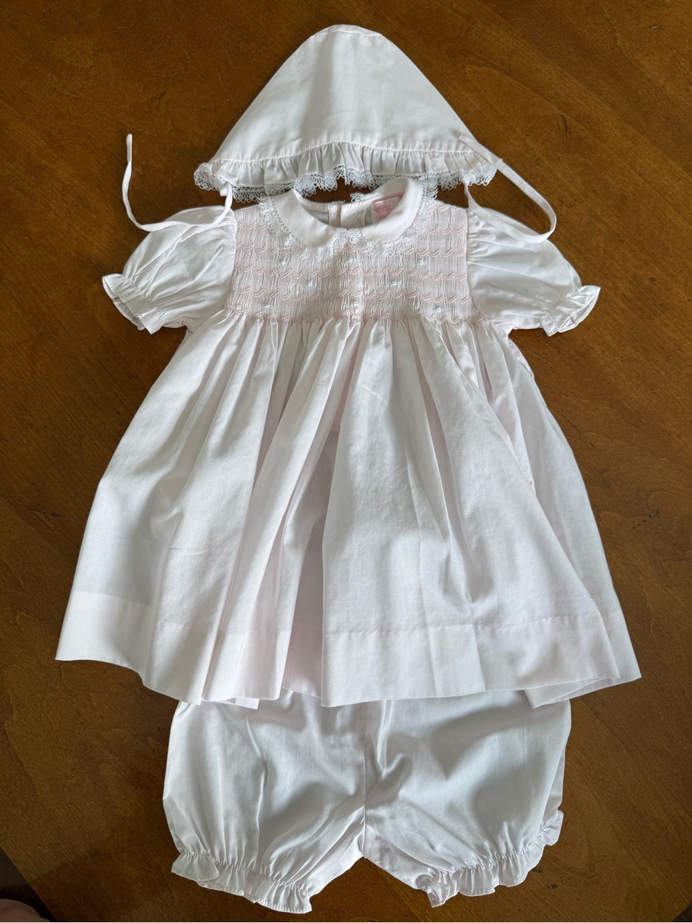 Petit Ami Hand Embroidered Pale Pink Lace-Trim Baby Dress Set